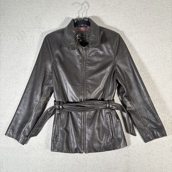 Colebrook & Co Leather Jacket Women’s Size S Dark Brown Black Tie Waist Full Zip - Picture 1 of 16